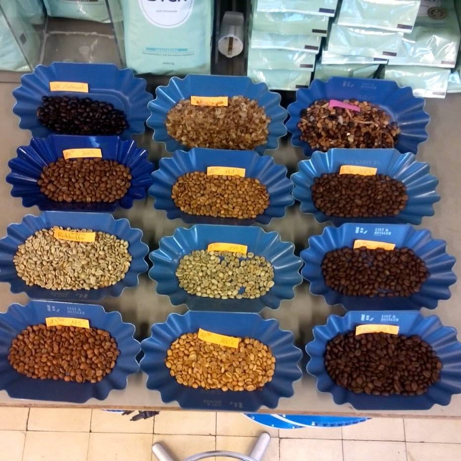 Verschiedene Behälter mit Kaffeebohnen