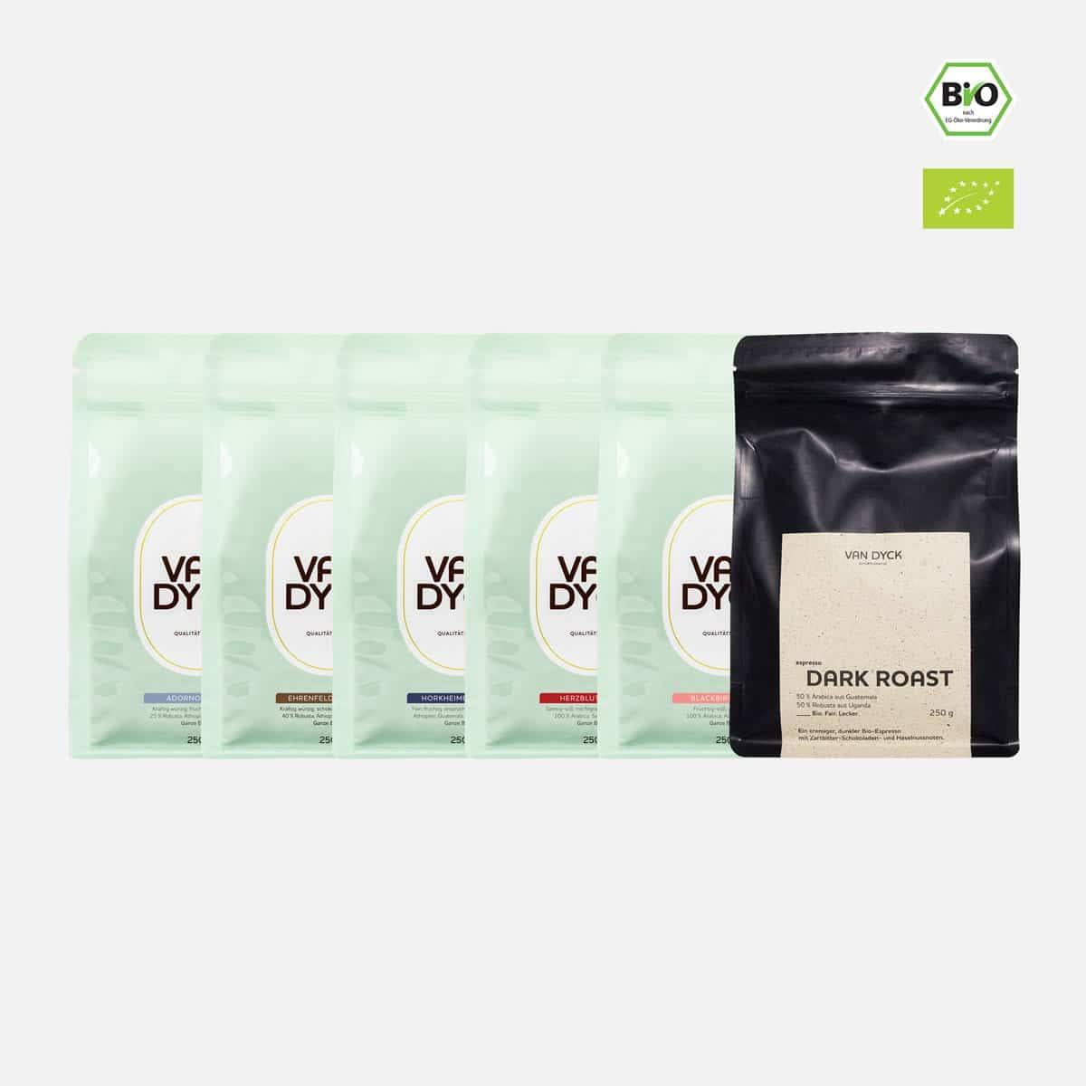 sechs verschiedene Espressobeutel stehen in einer Reihe