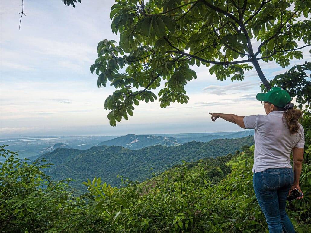 Eine Frau zeigt in die grüne Landschaft
