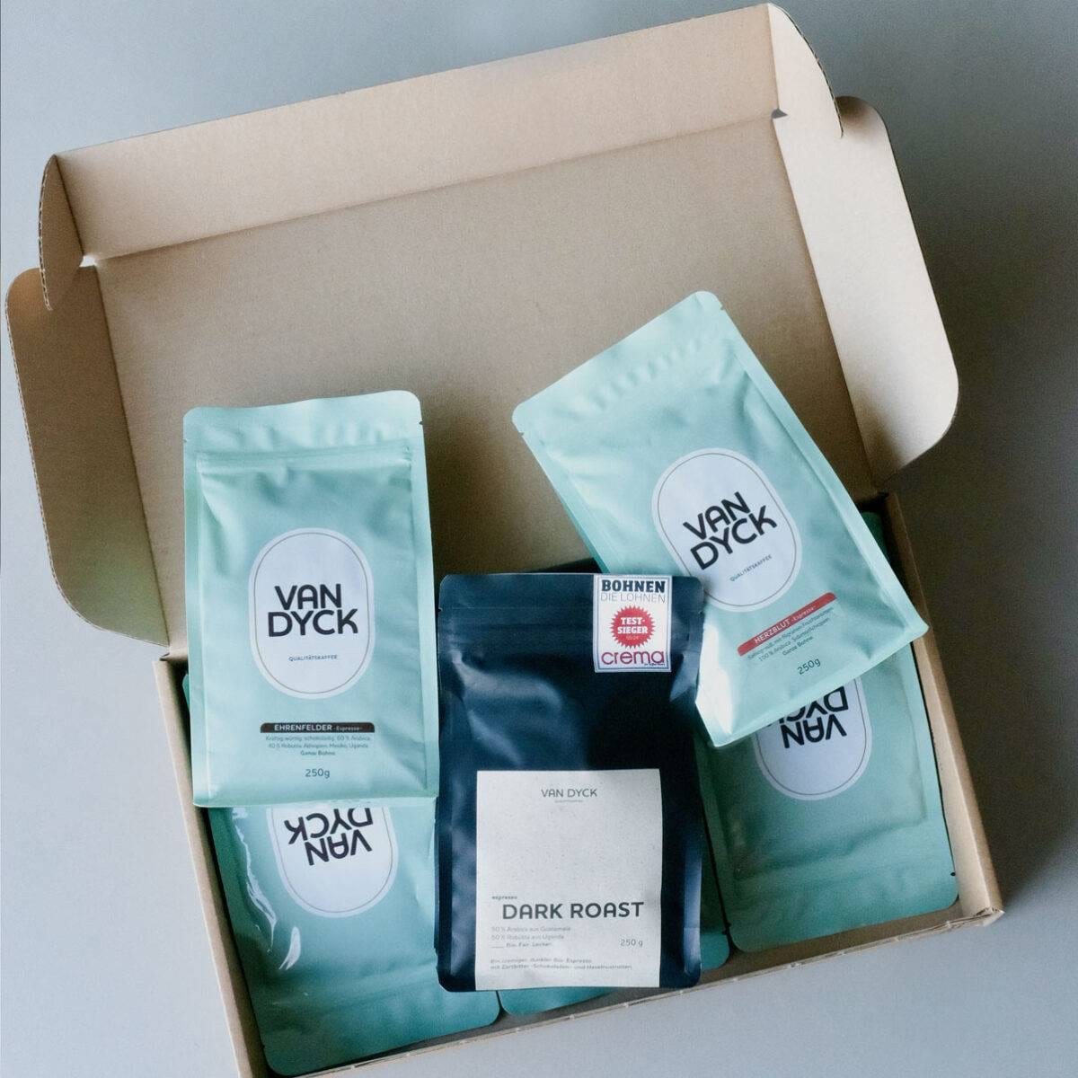 die 5 Sorten liegen sichtbar im geöffneten Karton